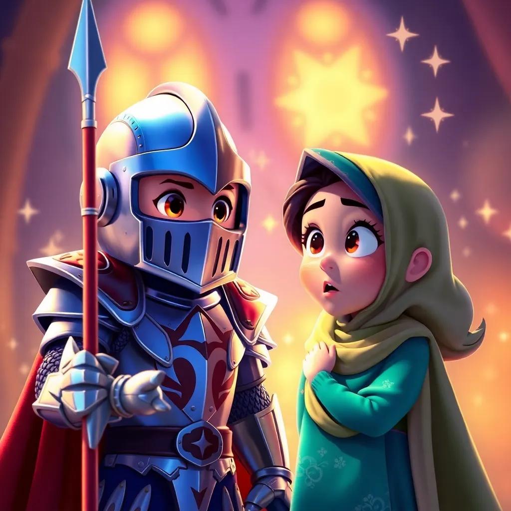 The knight in the picture calling out for help, Ali looking surprised and curious, magical sparkles around them, child-friendly style, vibrant colors, imaginative atmosphere, high quality