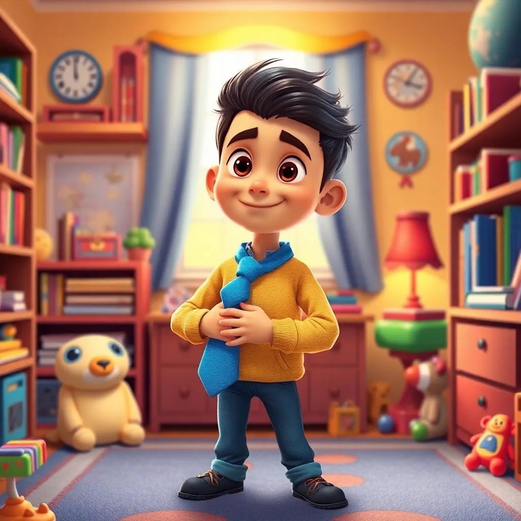 Ali standing in his room, holding a blue tie with a determined look, surrounded by toys and books, ready for adventure, illustration, energetic colors, playful mood, high quality