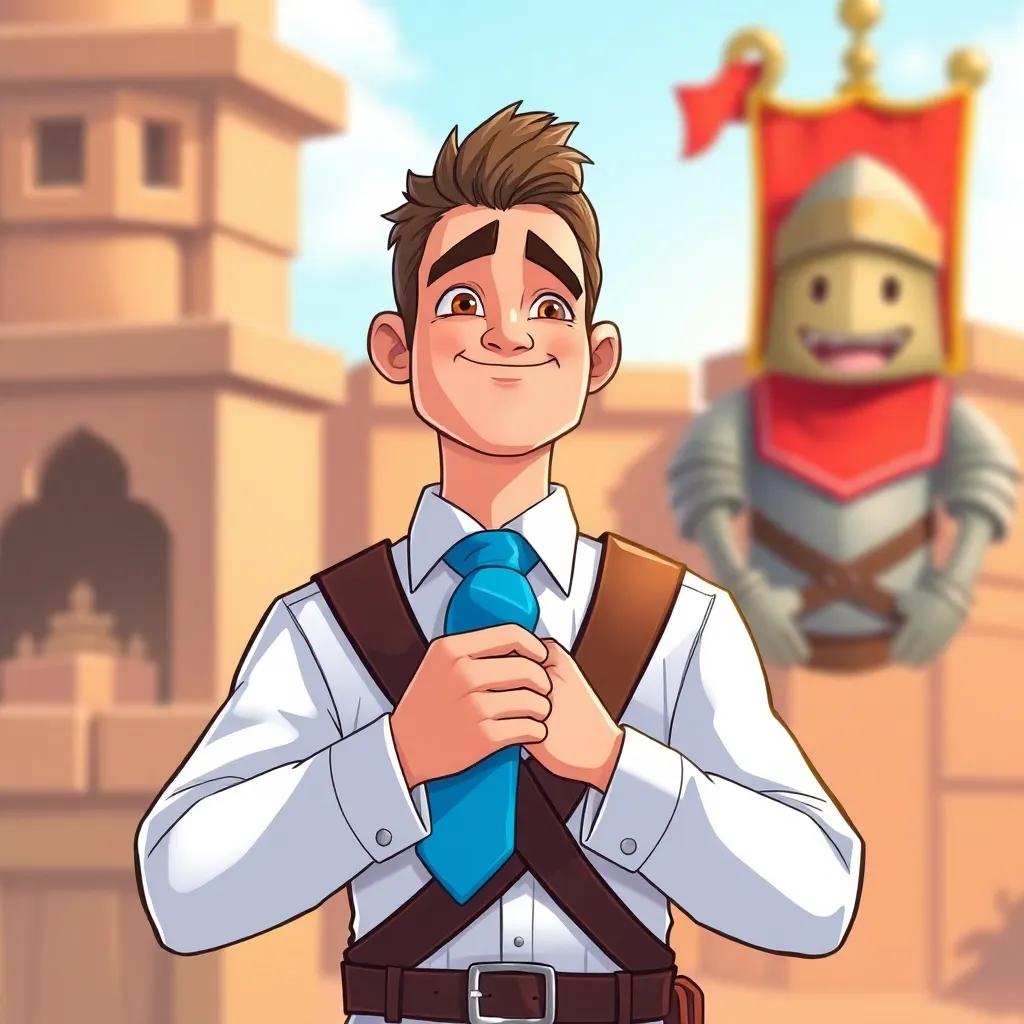 Ali tying the blue tie around his neck, looking sharp and ready for battle, knight's picture smiling in the backdrop, cheerful and engaging scene, illustration, bright colors, inviting atmosphere, high quality