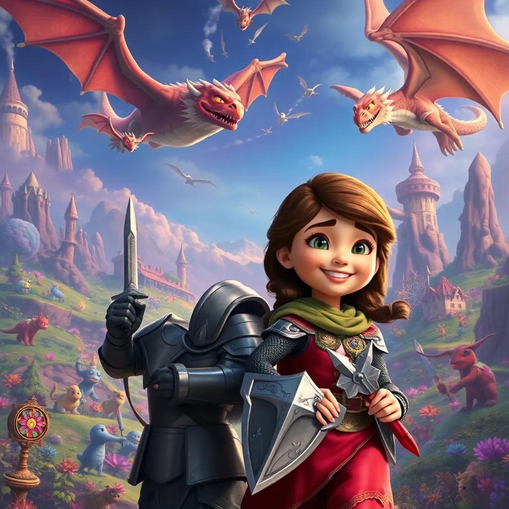 Ali with the knight, embarking on their adventure in a magical world filled with fantastical creatures, dragons flying overhead, colorful and exciting landscape, digital art, rich colors, epic atmosphere, high detail