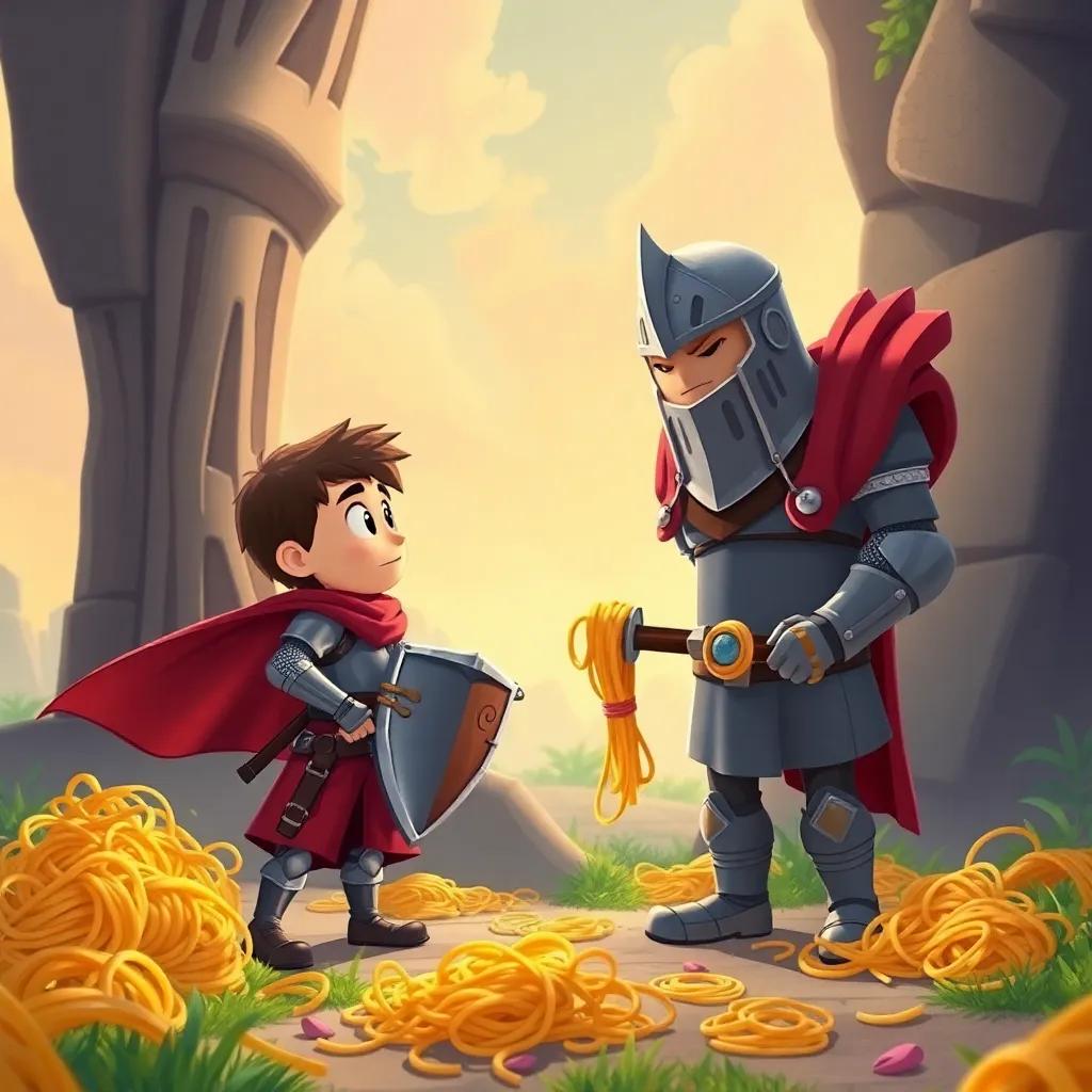 Ali and the knight facing a giant who is surprised by Ali's bravery, spaghetti scattered around, vibrant setting, funny and adventurous mood, illustration, bright colors, engaging imagery, high quality