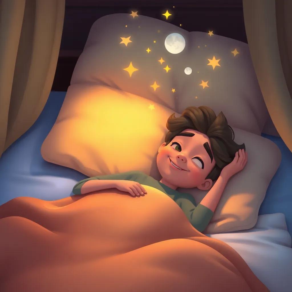 Ali lying in bed, smiling and dreaming about the adventures he had with the knight, soft lighting and a cozy blanket, peaceful and joyful scene, digital art, soothing colors, heartwarming atmosphere, high quality