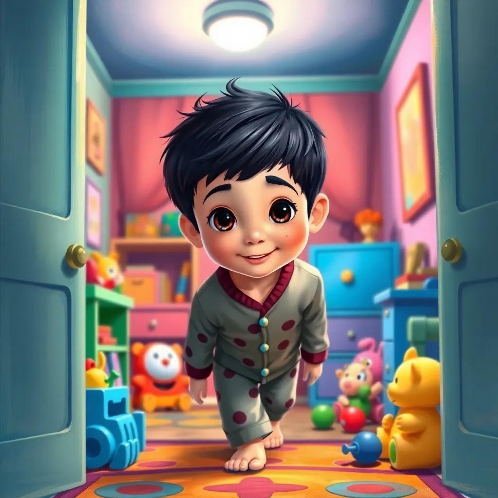 A young boy, Ali, with short black hair wearing pajamas, tiptoeing into his colorful bedroom filled with toys and a bright light shining overhead, digital art, vibrant colors, cheerful atmosphere, child-friendly, high quality