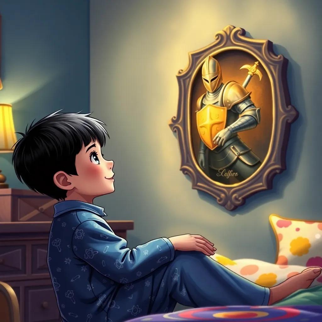 Ali, a young boy with short black hair wearing pajamas, staring at a shiny knight picture on his wall with a playful smile, surrounded by colorful room decor, illustration, joyful ambiance, high quality