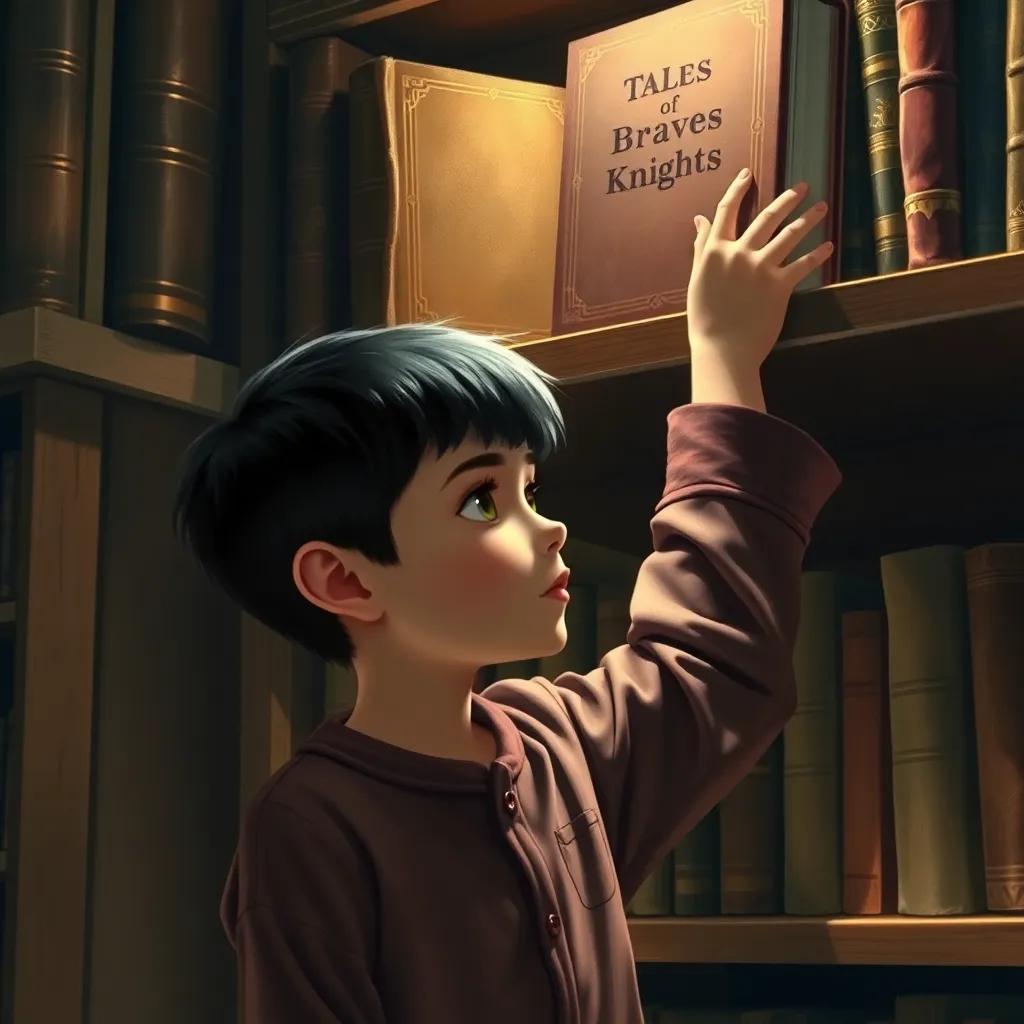 Ali, a young boy with short black hair in pajamas, reaching for a high, dusty book titled 'Tales of Brave Knights' on a wooden shelf filled with more books, warm light, cozy atmosphere, detailed visual, high quality