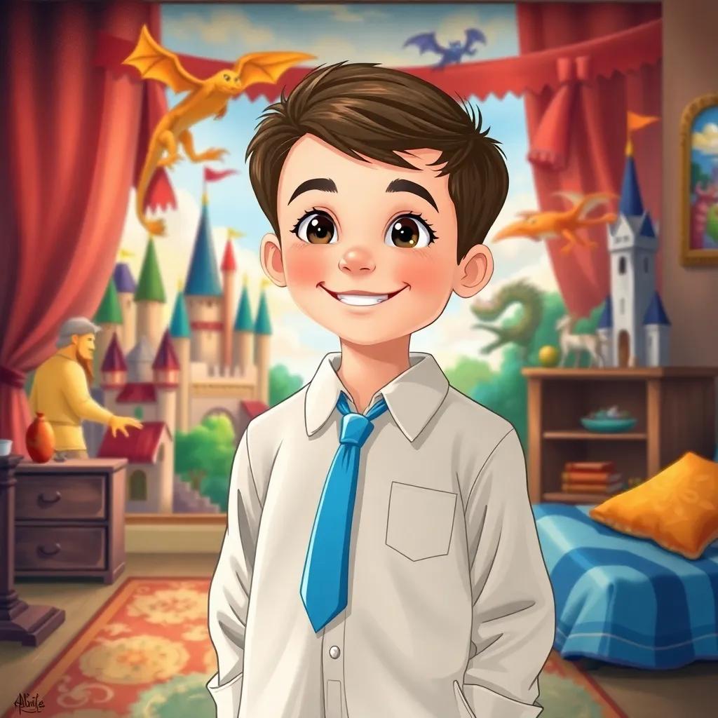 Ali, a young boy with a big smile wearing pajamas and a blue tie, standing in his room, imagining himself as a brave knight, with colorful castles and dragons in the background, vibrant illustration, adventurous feel, high quality