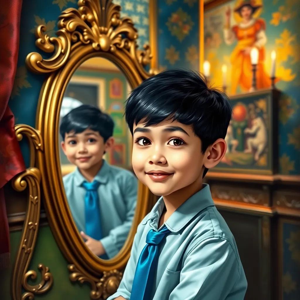 Ali, a young boy with short black hair wearing pajamas and a blue tie, posing proudly in front of a mirror, admiring himself during his knight adventure, colorful room around him, bright lighting, cheerful, high quality
