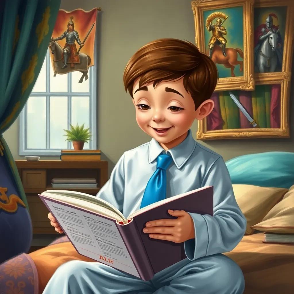 Ali, a young boy wearing pajamas and a blue tie, animatedly reading a book, his room decorated with knight pictures and vibrant colors, engaging illustration, child-friendly, high quality