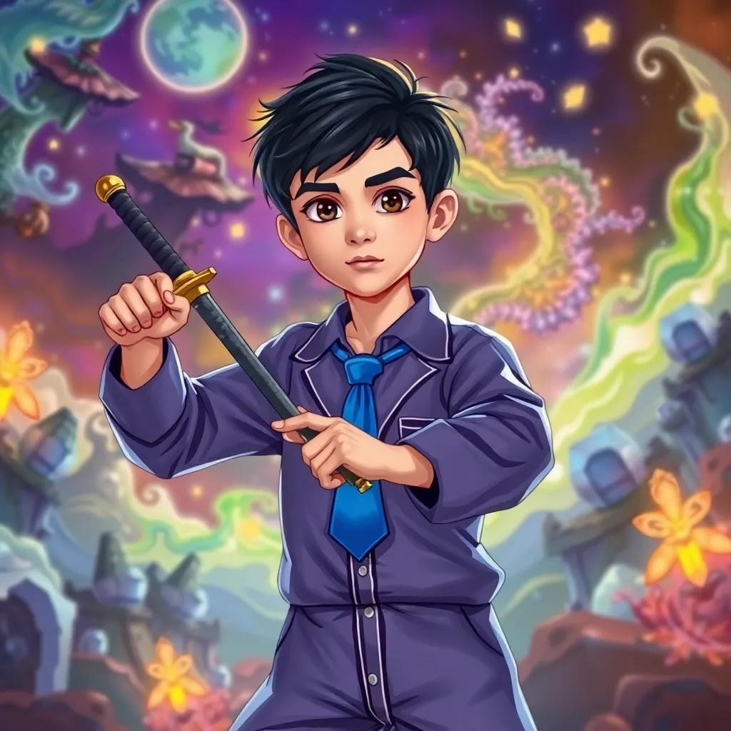Ali, a young boy with short black hair wearing pajamas and a blue tie, pretending to hold a sword, with a magical background of adventure and fantasy, colorful and imaginative, illustration, high quality
