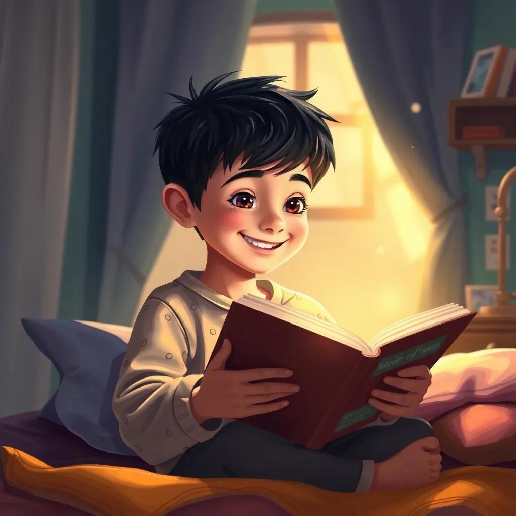 Ali, a young boy with short black hair in pajamas, smiling as he reads a book in his cozy bedroom, with warm light and shadows dancing around him, heartwarming scene, bright and colorful, high quality