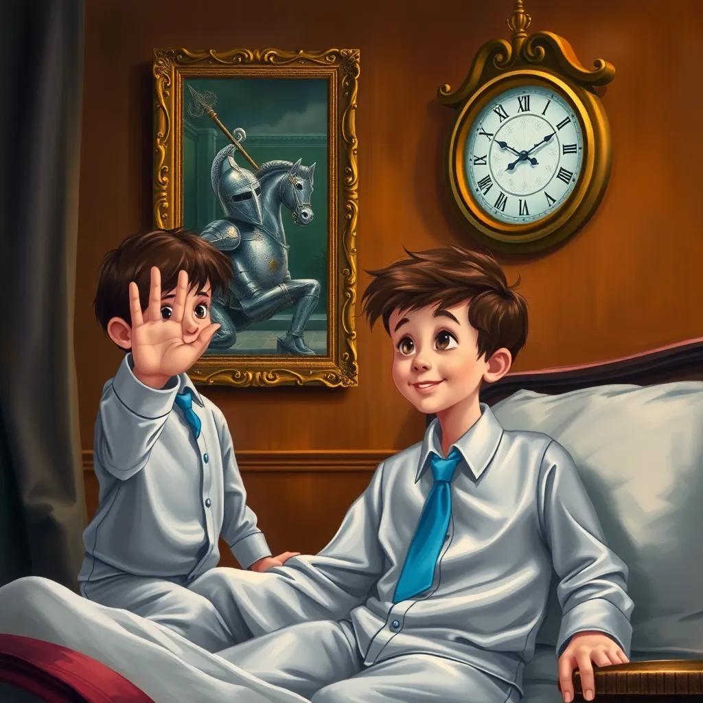 Ali, a young boy in pajamas with a blue tie, waving goodbye to a knight picture on his wall, with a clock showing it is late, inviting atmosphere, detailed art, high quality