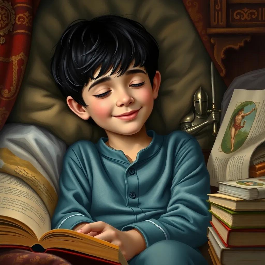 Ali, a young boy with short black hair in pajamas, transitioning to sleep with a content smile, surrounded by his favorite books and knight picture, soft lighting, dreamlike quality, high quality