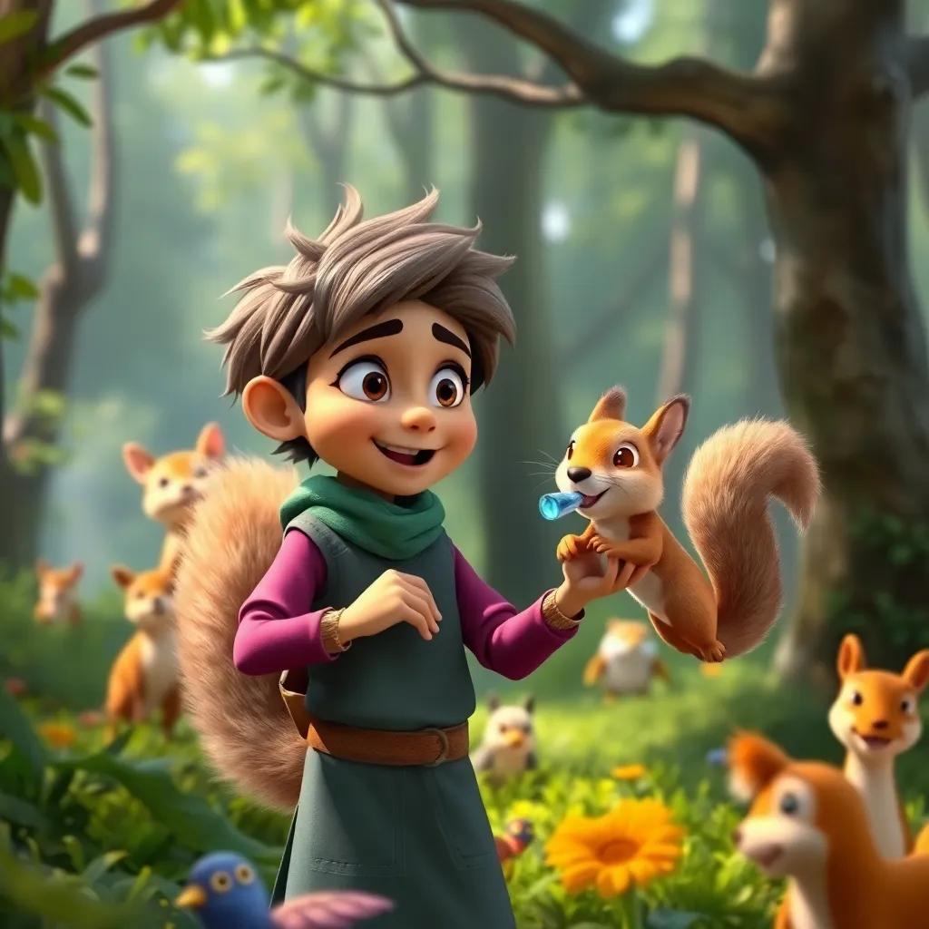 Ali and the squirrel, in the forest, Ali holding a magical whistle, excitement on his face, lively animals around them, bright colors, animated style, engaging scene