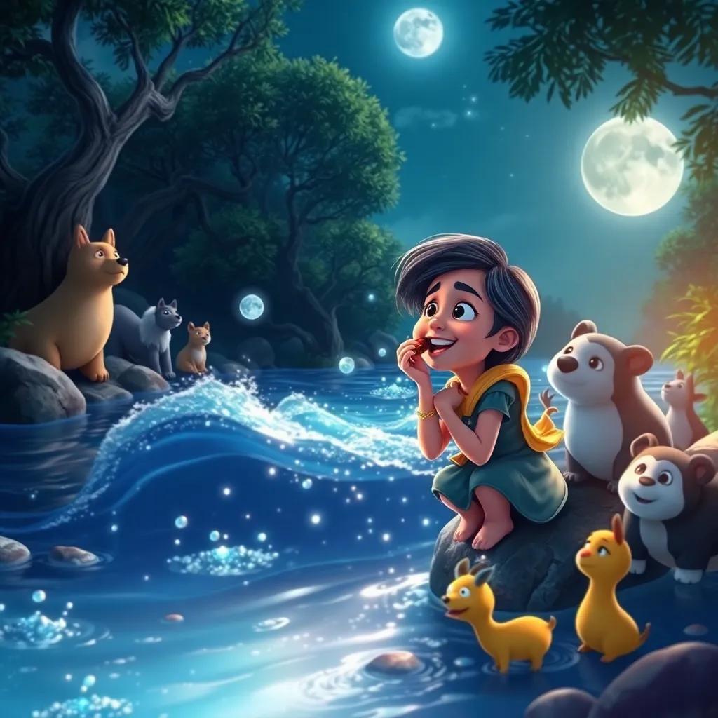 The Laughing River under the moonlight, shimmering water with giggling sounds, Ali blowing into the magical whistle, surrounded by curious animals, beautiful colors, enchanting atmosphere, high quality