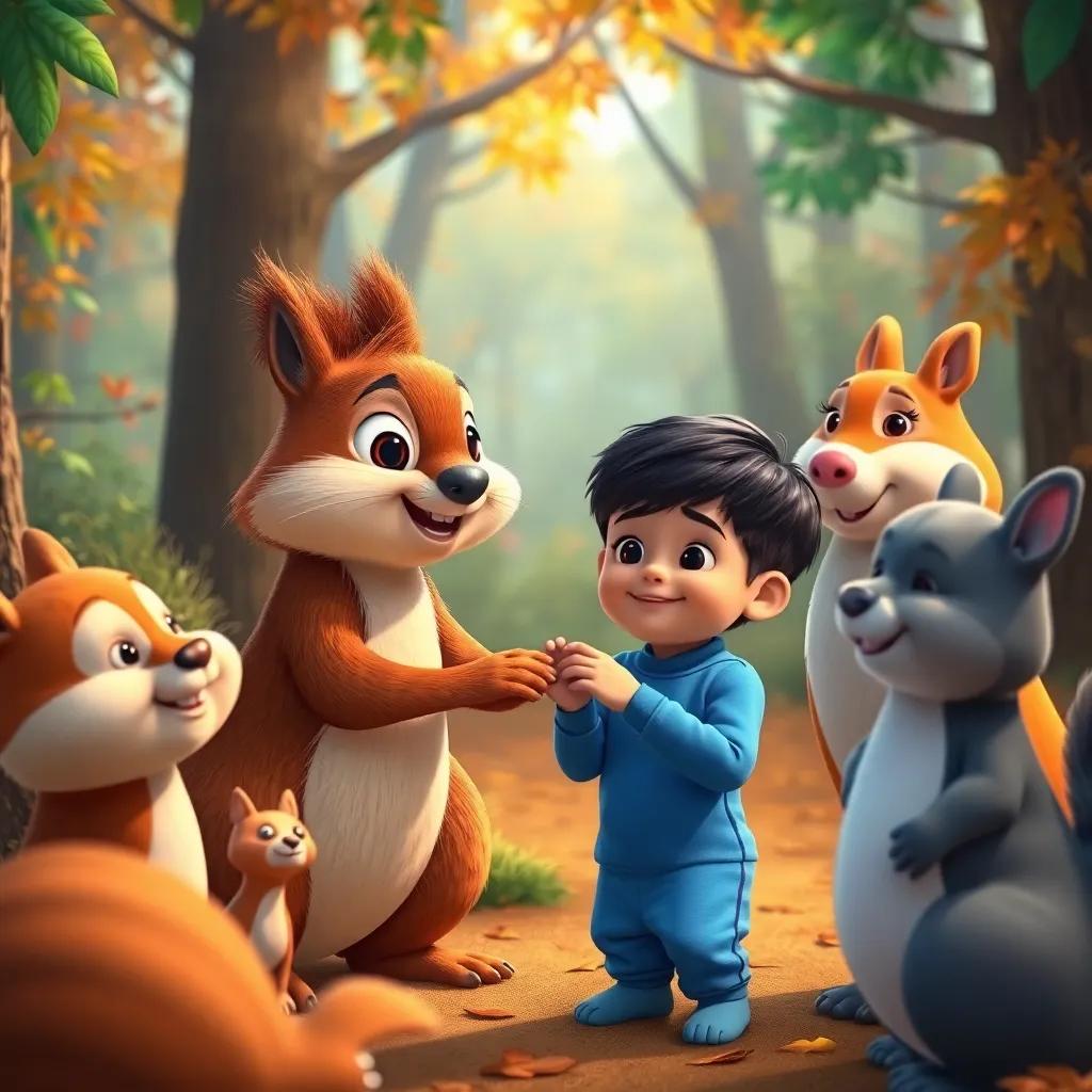 The squirrel and animals celebrating, Ali, the young boy with blue pajamas, receiving their gratitude, warm atmosphere, colorful forest, cheerful and uplifting