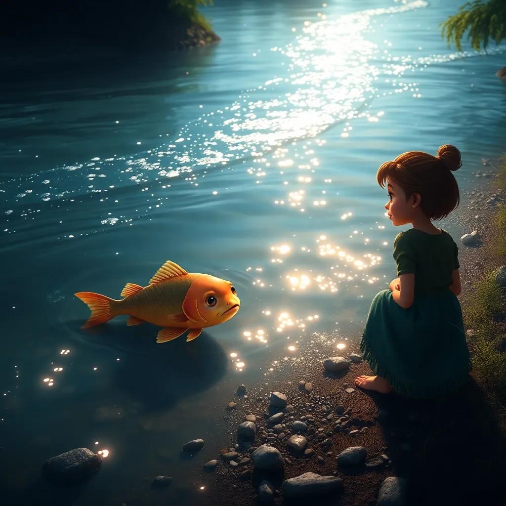 A sad little fish swimming in the shimmering river, looking for its shiny scale, Ali kneeling by the riverbank, thoughtful expression, inviting scene, vivid colors
