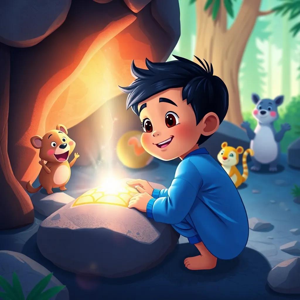 Ali, the young boy with blue pajamas, finding the shiny scale under a sparkling rock, cheerful forest animals cheering, bright colors, happy atmosphere, detailed illustration