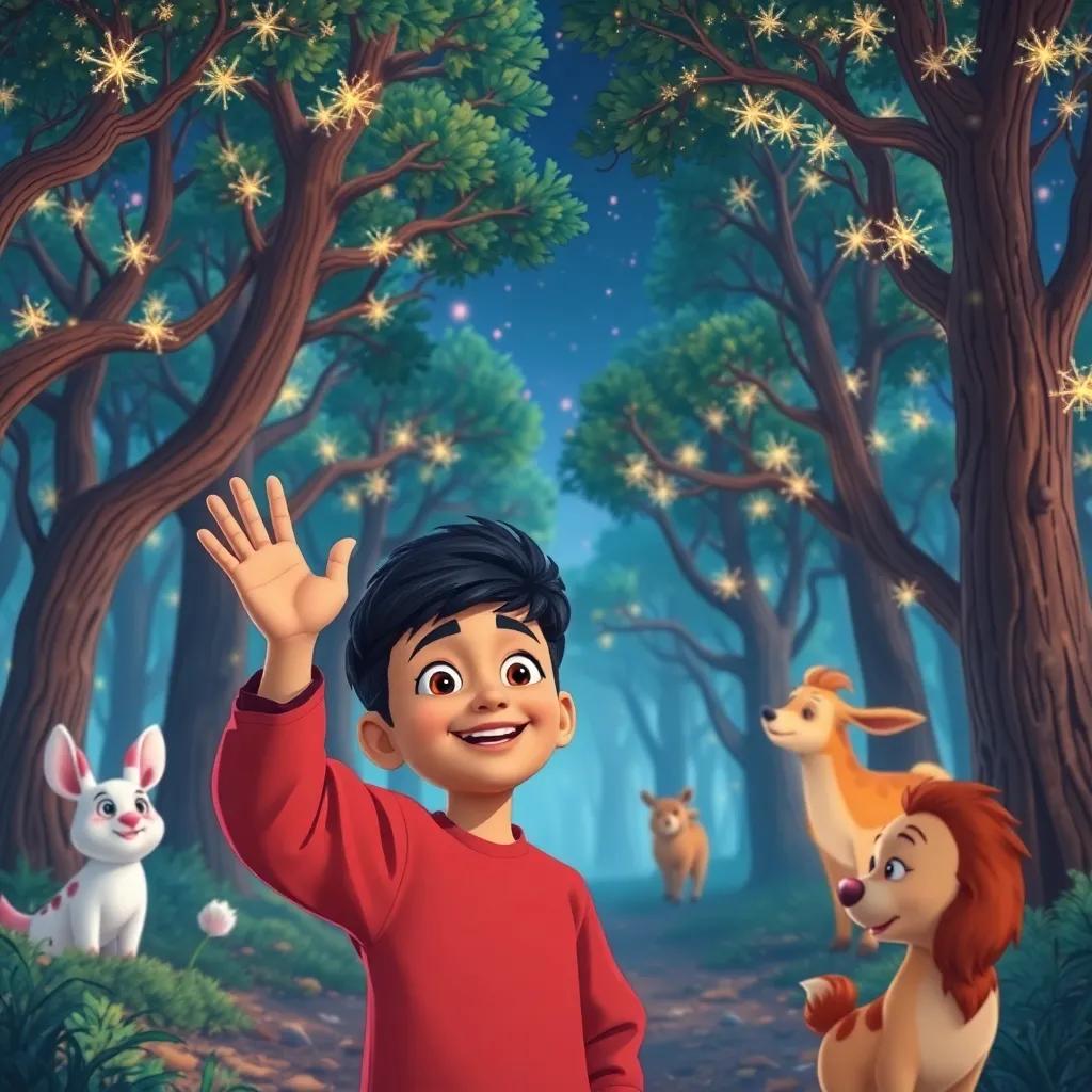 Ali waving goodbye to the forest animals, magical trees with twinkling stars overhead, proud smile on his face, warm colors, heartwarming scene, high quality