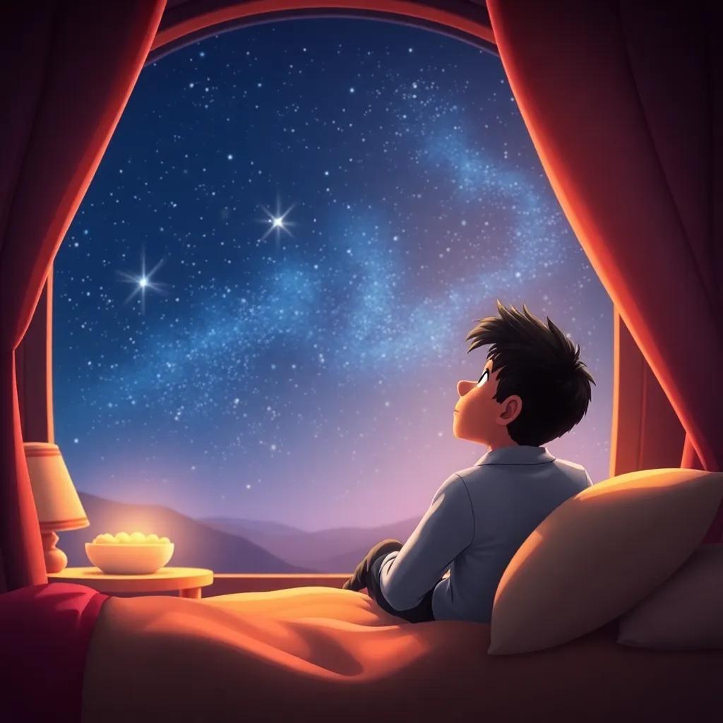 Ali, back in his cozy room, looking out at the starry sky with a dreamy expression, a feeling of adventure lingering, warm colors, inviting and calm atmosphere, high quality