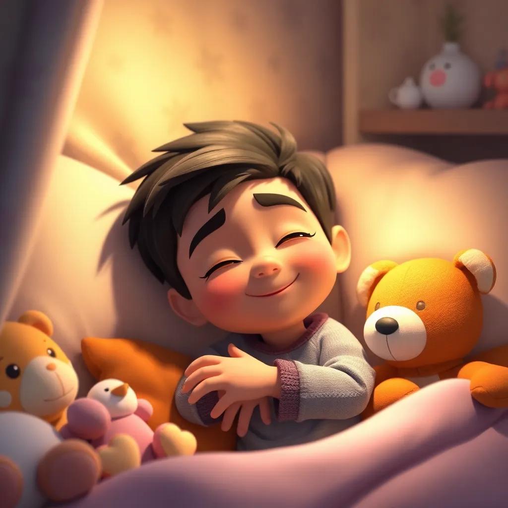 Ali drifting off to sleep in his cozy room, surrounded by plush toys, a gentle smile on his face, peaceful atmosphere, soft colors, high quality