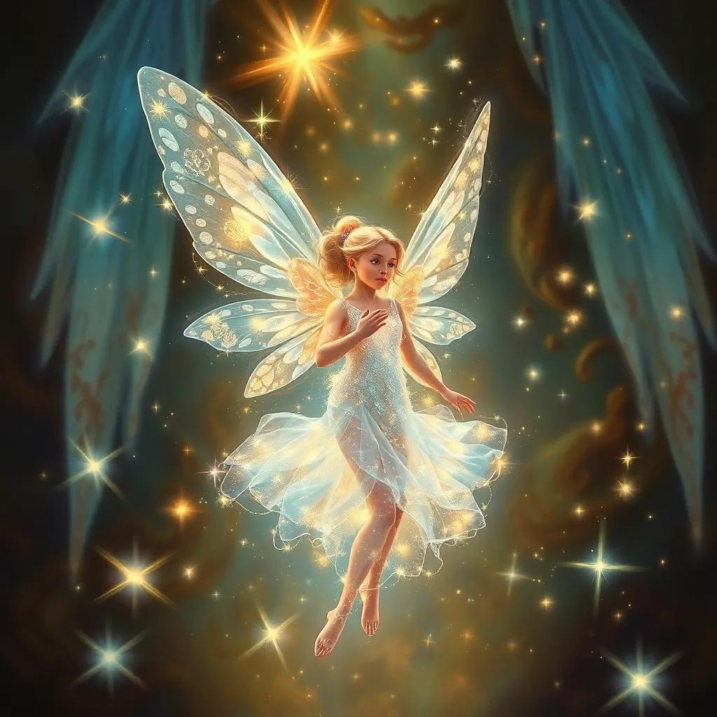 A sparkling fairy with translucent wings, dressed in a shimmering dress, floating in front of Ali, surrounded by glowing light and stars, magical scene, enchanting details, high quality