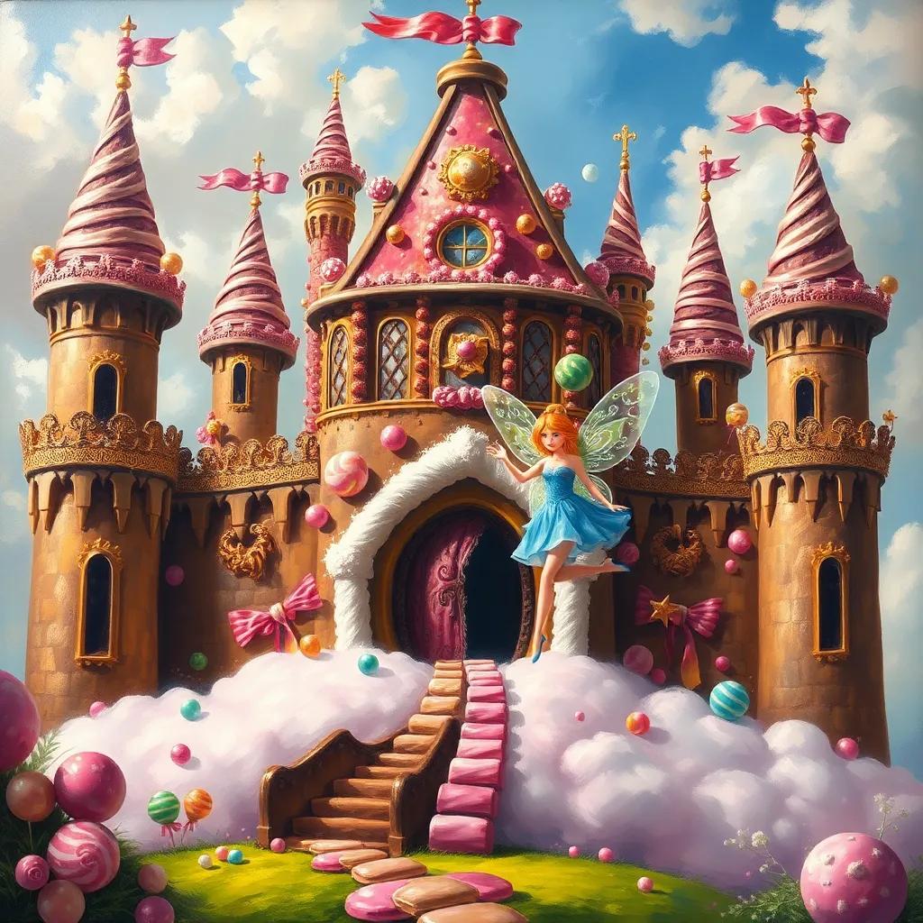 A candy castle with chocolate walls and gumdrop decorations, Ali and the fairy landing on a marshmallow cloud, colorful and inviting, fantasy scene, bright color palette, high quality