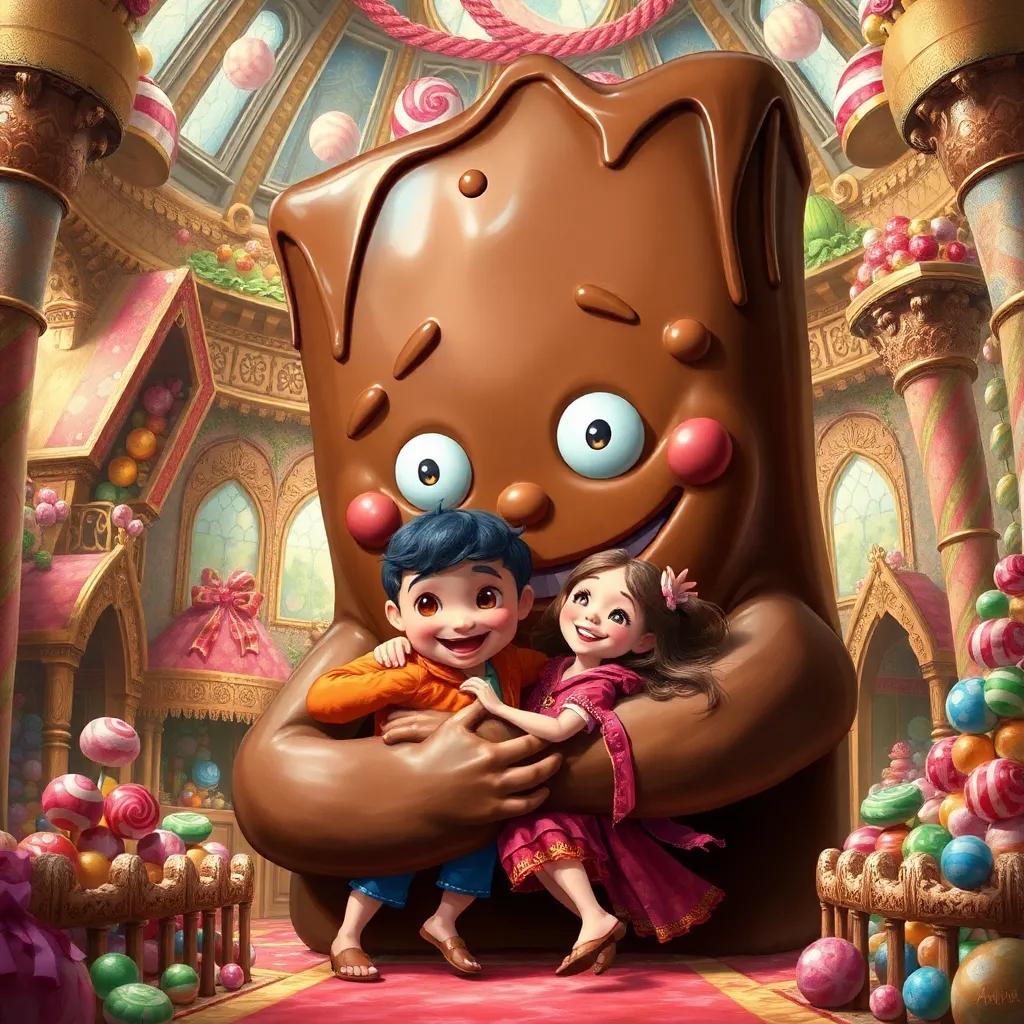 A giant chocolate creature with a big smile, hugging Ali in a whimsical candy-filled castle, joyful atmosphere, delightful colors, high quality