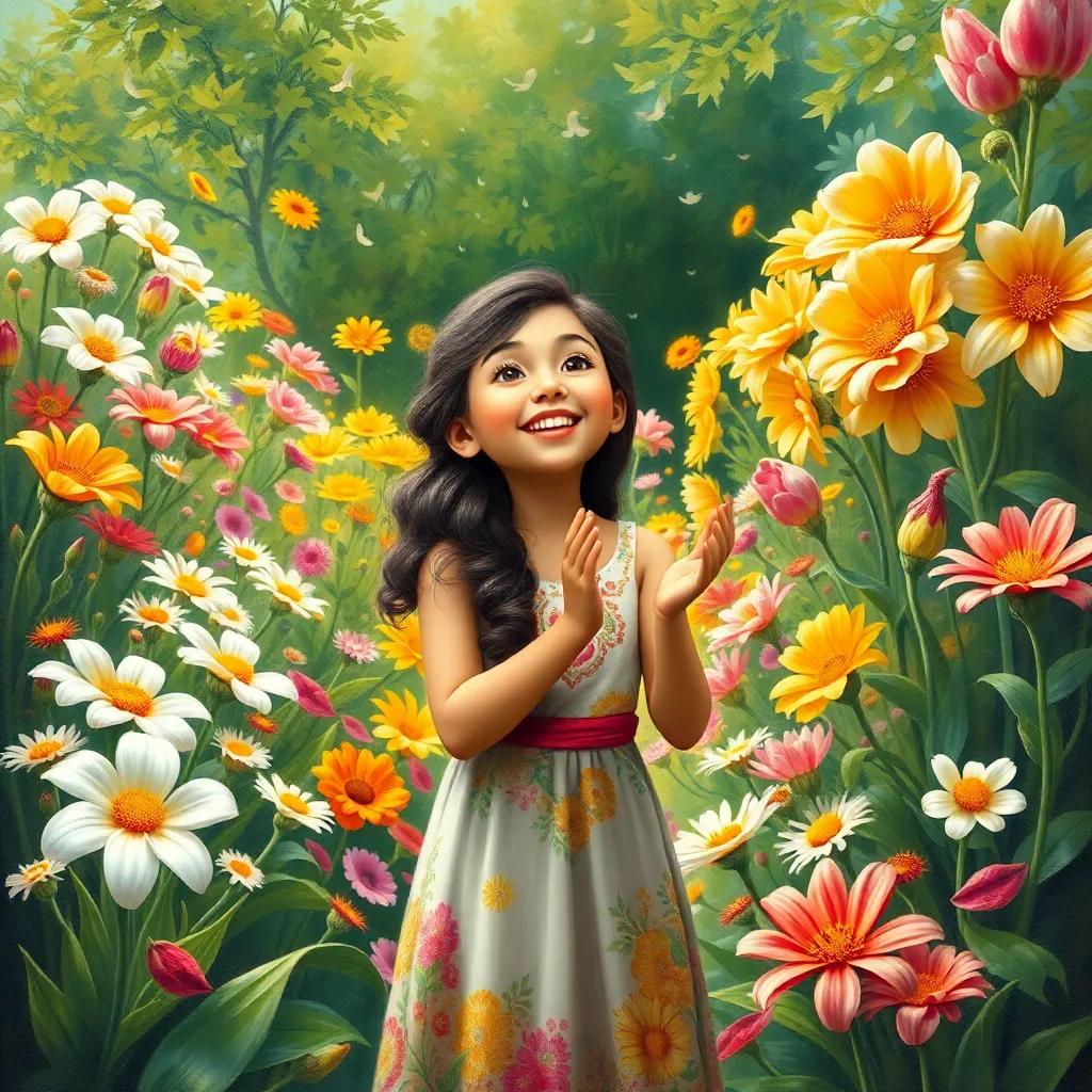 Ali standing in a musical flower garden with flowers singing, vibrant petals and lush greenery, smiling and clapping, cheerful scene, bright colors, high quality
