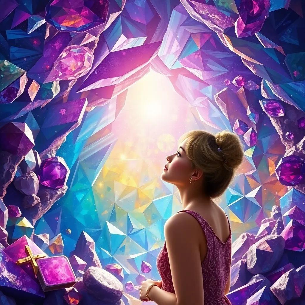 A bright crystal cave filled with sparkling gems and stones, Ali gazing at the shimmering amethyst, wonderous atmosphere, colorful reflections, high quality