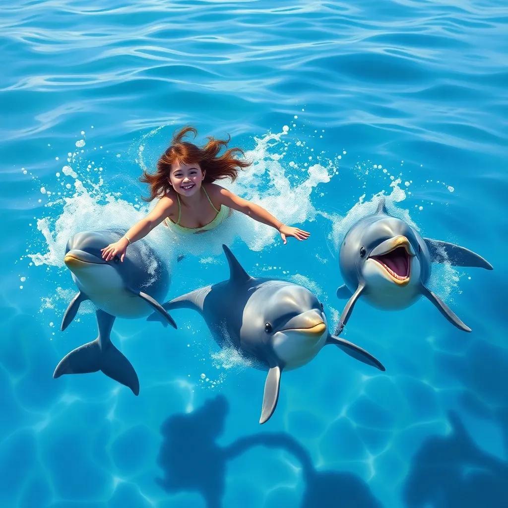 Ali swimming joyfully with dolphins in a serene blue ocean, water splashing around, bright sunny day, cheerful and playful scene, high quality