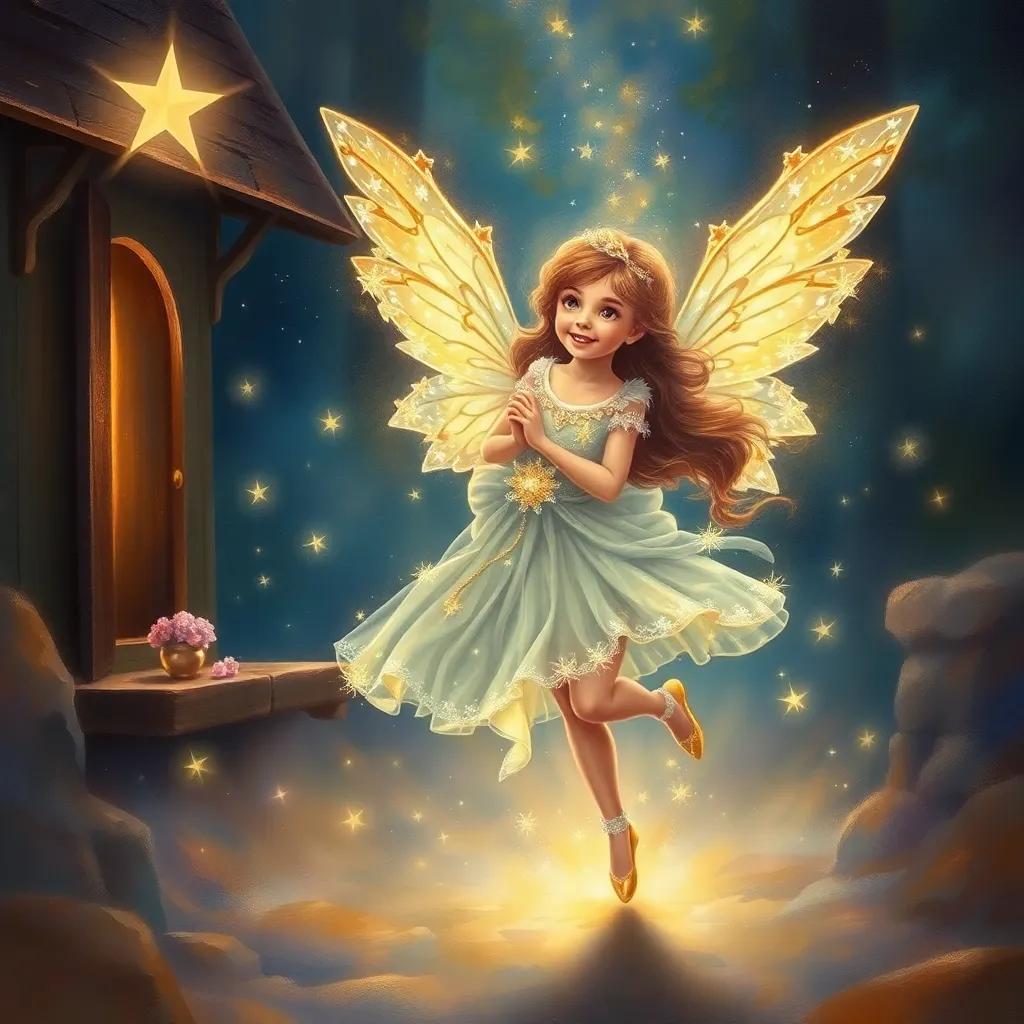 The fairy returning Ali home on her sparkling wings, both smiling with glowing starlight in the background, heartwarming scene, magical ambiance, high quality