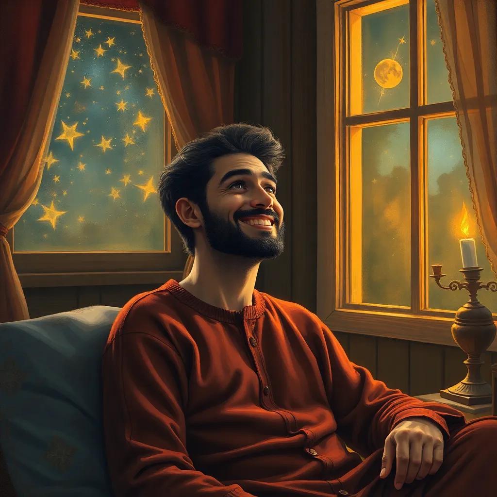 Ali in his room with a cheerful expression, gazing at the stars through his window, with a faint glow of memories around him, cozy atmosphere, warm colors, high quality
