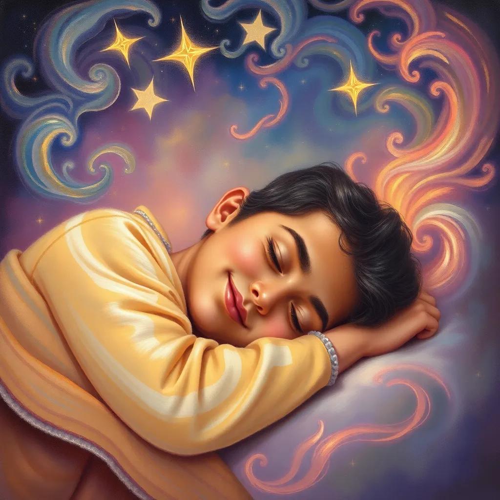 Ali peacefully sleeping with a smile, surrounded by dreamlike, colorful swirls and stars above him, serene and magical tones, high quality