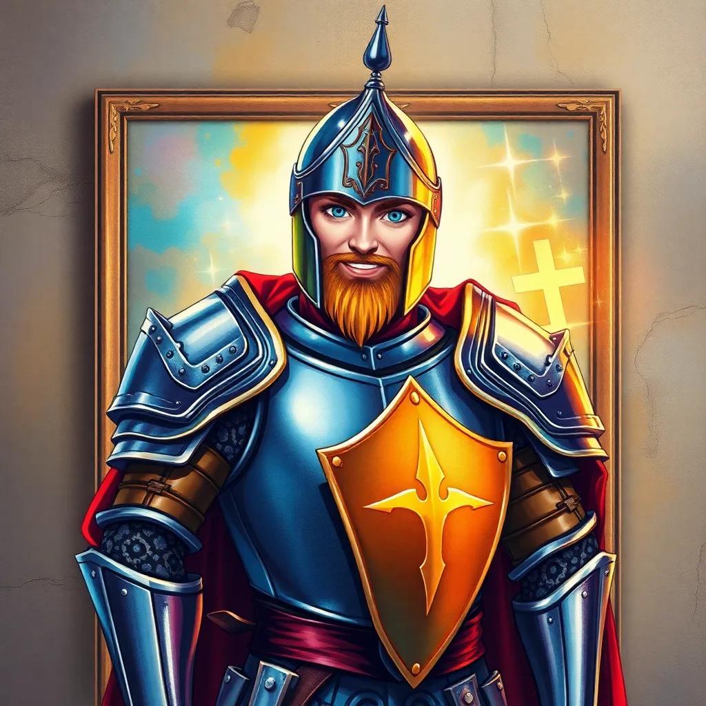 A brave knight picture on the wall, with vibrant colors, shining armor, and a confident smile, magical glow around it, illustration, fantasy style, inviting feel, high quality