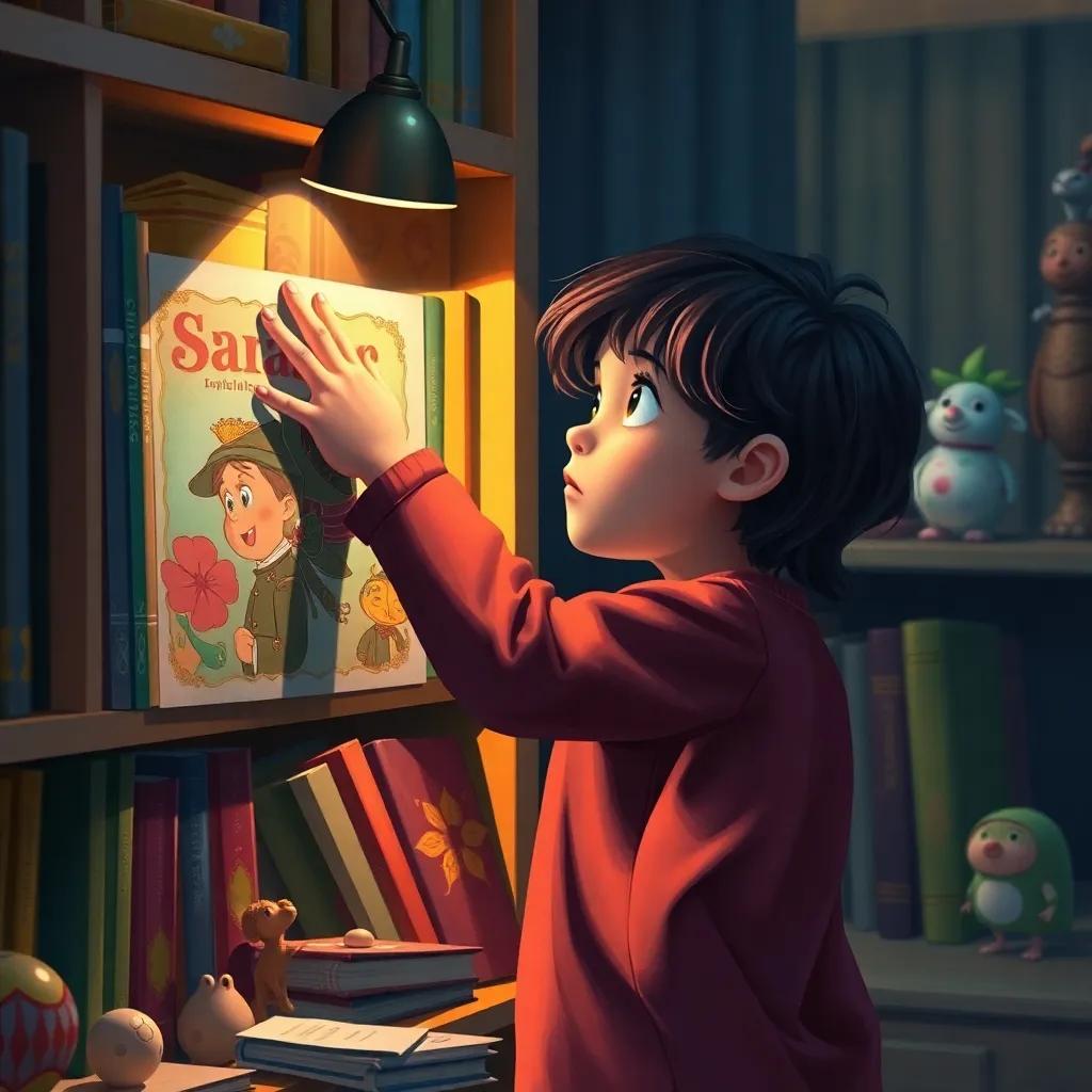 Ali, reaching for a big colorful book on a shelf, with a look of wonder, warm light illuminating the room, surrounded by other books and toys, digital art, inviting atmosphere, high quality