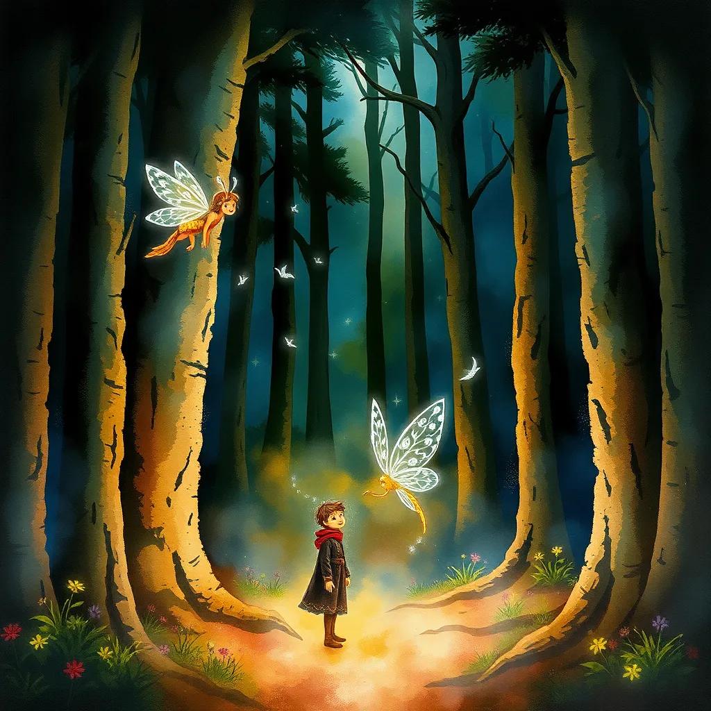 Ali in a dark forest, with tall trees around him, a friendly fairy with sparkling wings beside him, whispers of wind, enchanting scene, watercolor, vibrant colors, magical feel, high quality