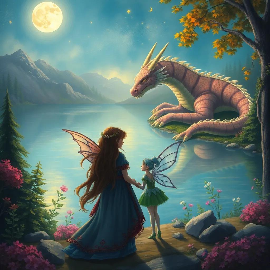 Ali and the fairy in front of a sleeping dragon near a crystal lake, soft moonlight reflecting on the water, colorful forest around them, illustration, adventure-themed, whimsical style, high quality