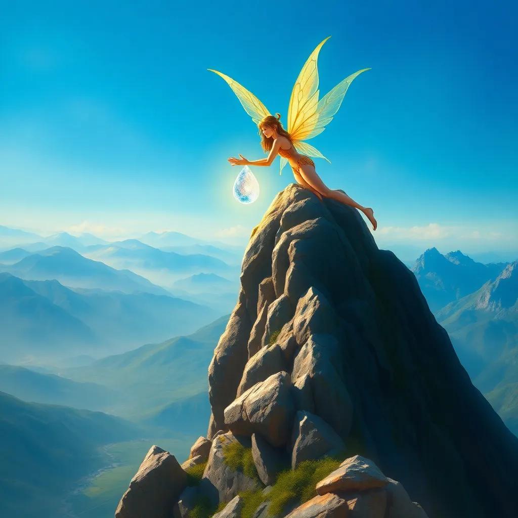 Ali and the fairy on top of a tall mountain, holding a sparkling dragon’s tear, a view of valleys below, bright blue sky, adventure vibes, digital art, rich colors, high quality