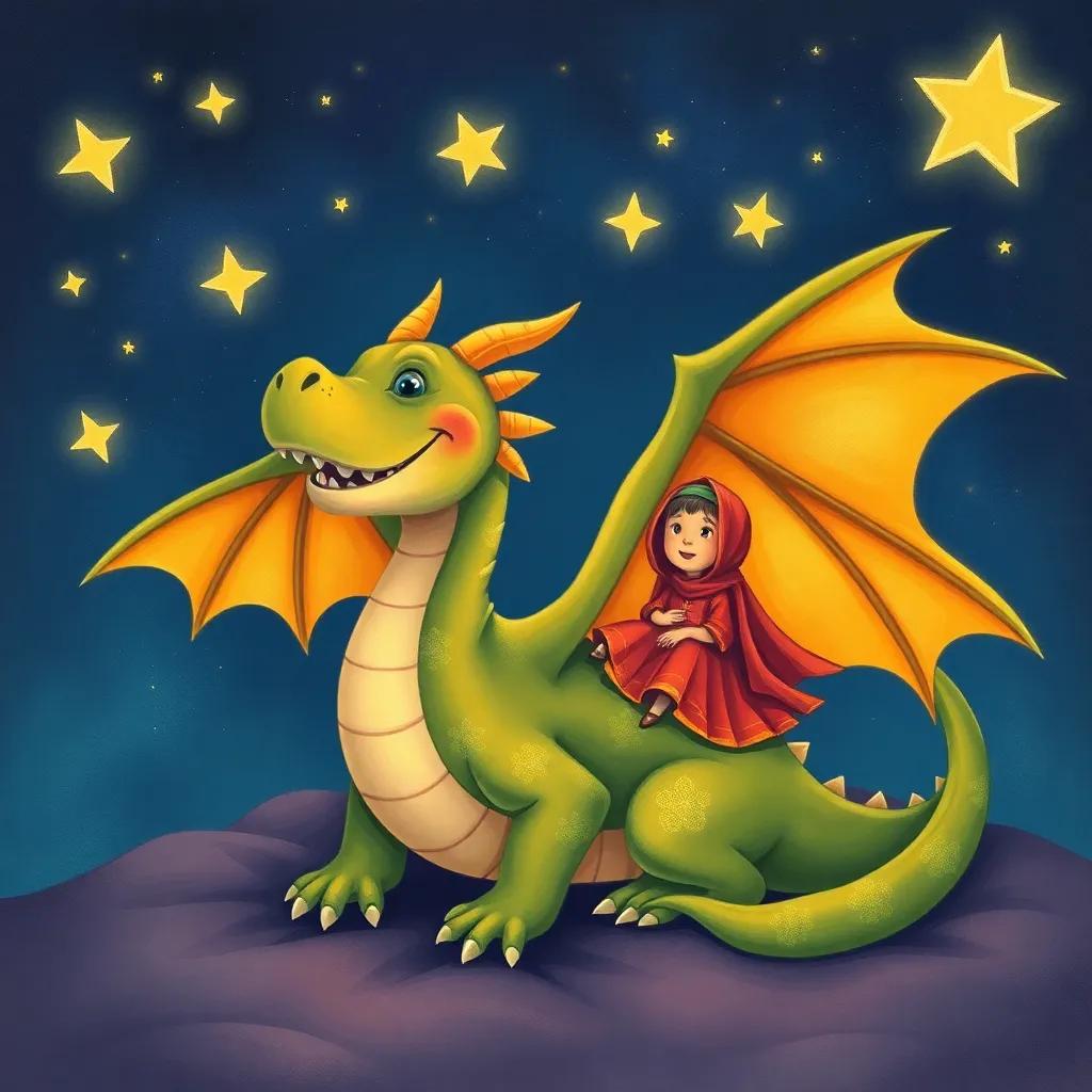 The dragon waking up with a warm smile, giant wings flapping, Ali sitting on its back looking excited, bright stars in the night sky, children's illustration, joyful scene, high quality