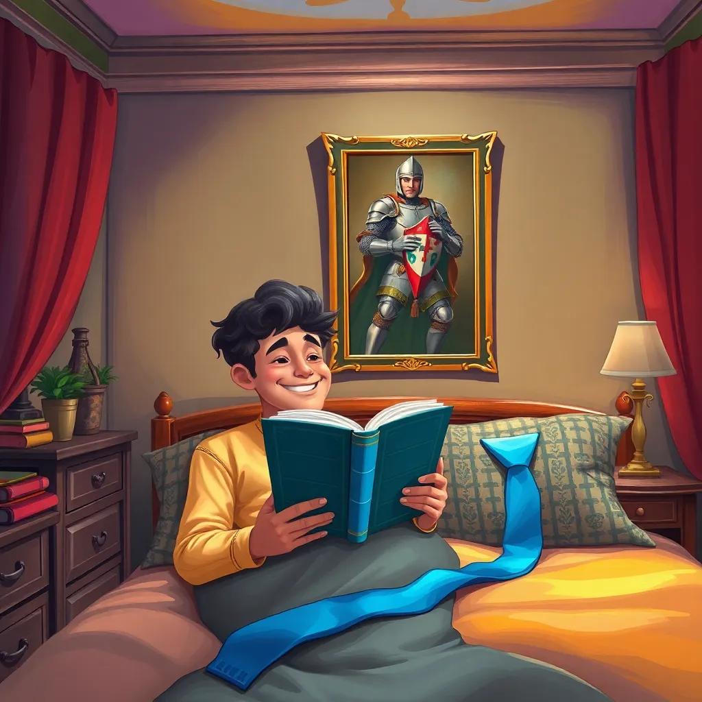 A cozy room with Ali happily reading his book, the knight’s picture hanging on the wall, blue tie on the bed, colorful ambiance, heartwarming atmosphere, digital art, cheerful colors, high quality