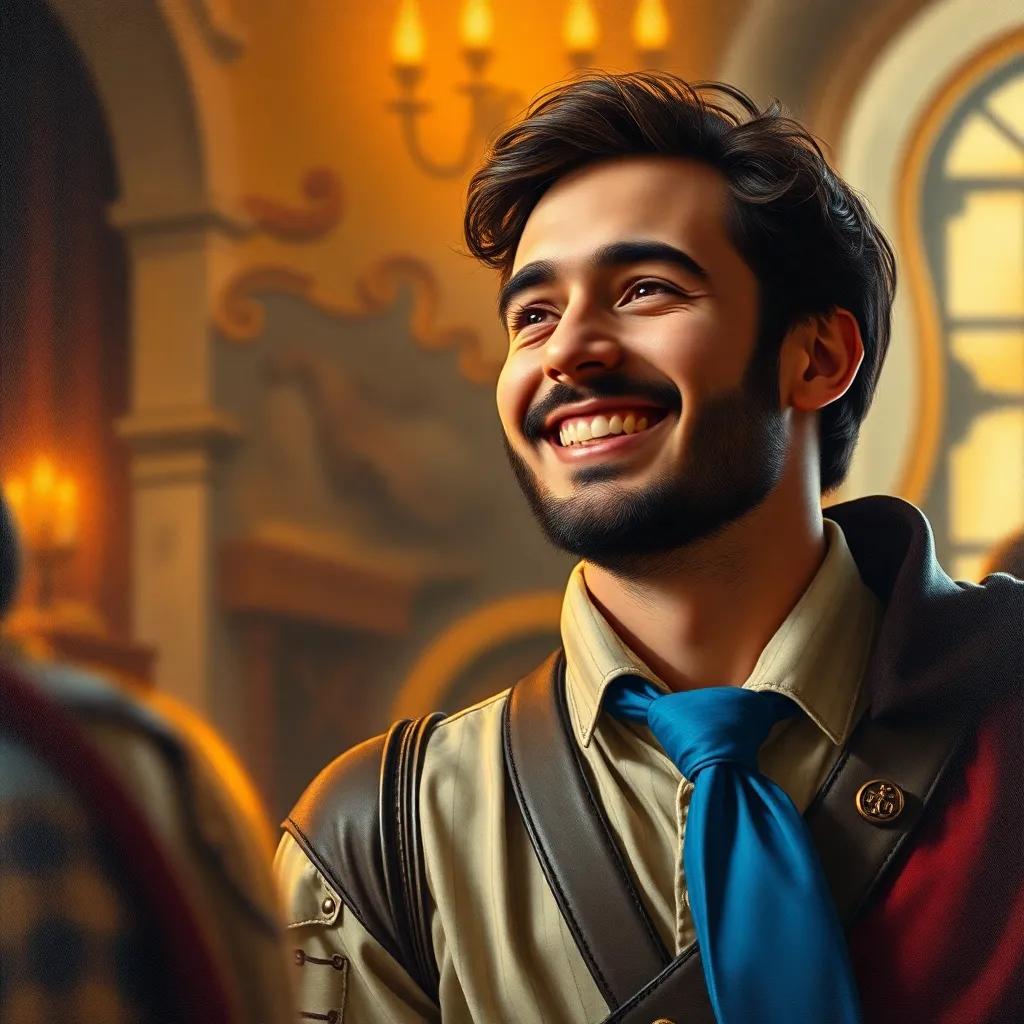 Ali reflecting on his adventure, joyful smile on his face, the knight picture and blue tie in the foreground, warm lighting, inviting atmosphere, storytelling theme, high quality