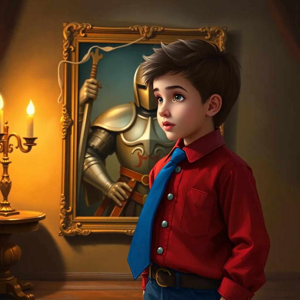 A young boy, Ali, standing in front of the knight’s picture holding a blue tie, reflecting on his adventure, warm colors and cozy setting, imaginative feel, digital art, high quality