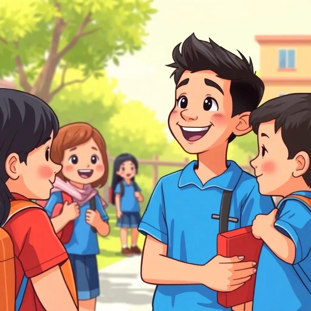 A young Arab boy, Ali, with short black hair in a blue school uniform, smiling and talking with his friends at school during recess, sunny playground, joyful energy, digital art, vibrant colors, lively scene