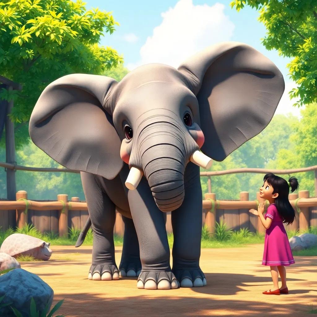 A big grey elephant with large ears, standing in a sunny enclosure while Ali interacts with it, waving its trunk joyfully, vibrant colors, cheerful atmosphere, high quality