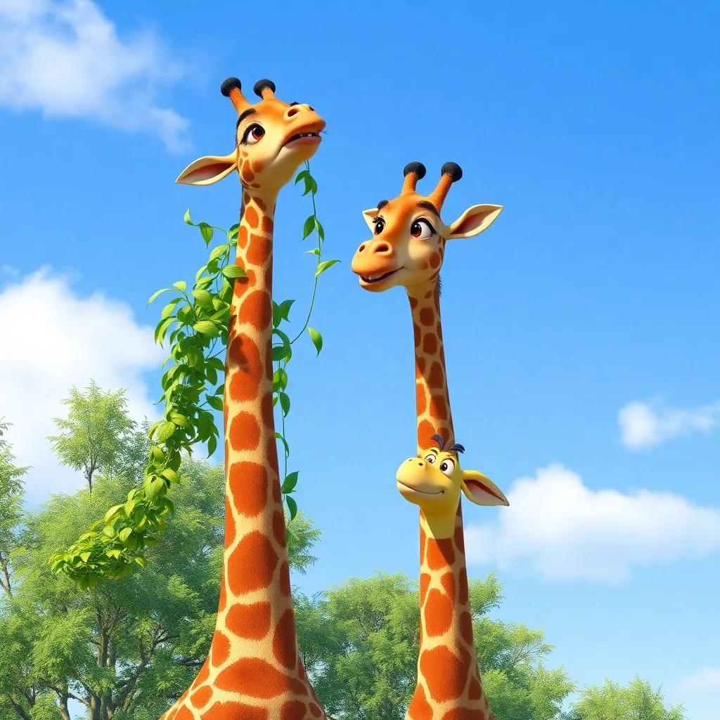 A tall giraffe eating green leaves from a tall tree, with Ali looking up in amazement, bright colors, friendly environment, high quality