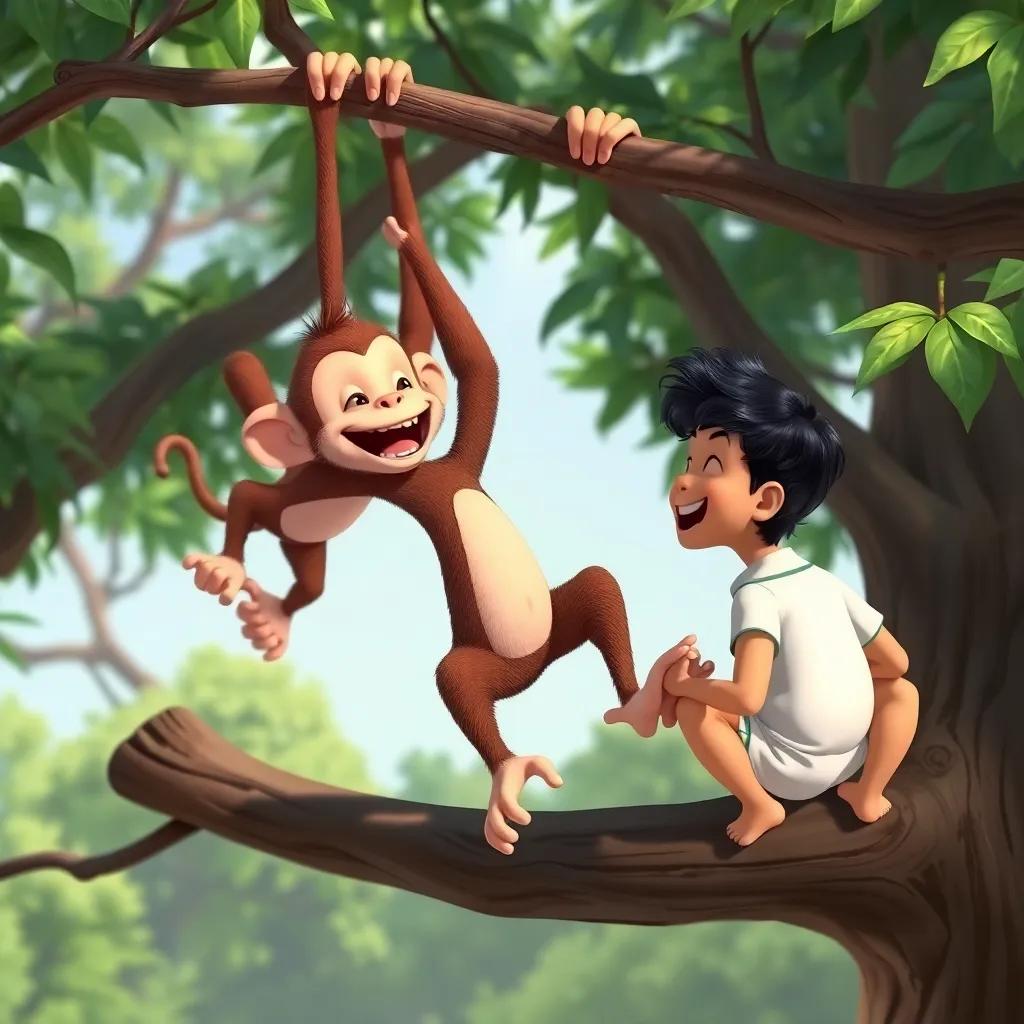 A playful monkey swinging on branches, making silly faces at Ali who is laughing, surrounded by green trees and bright colors, fun scene, high quality