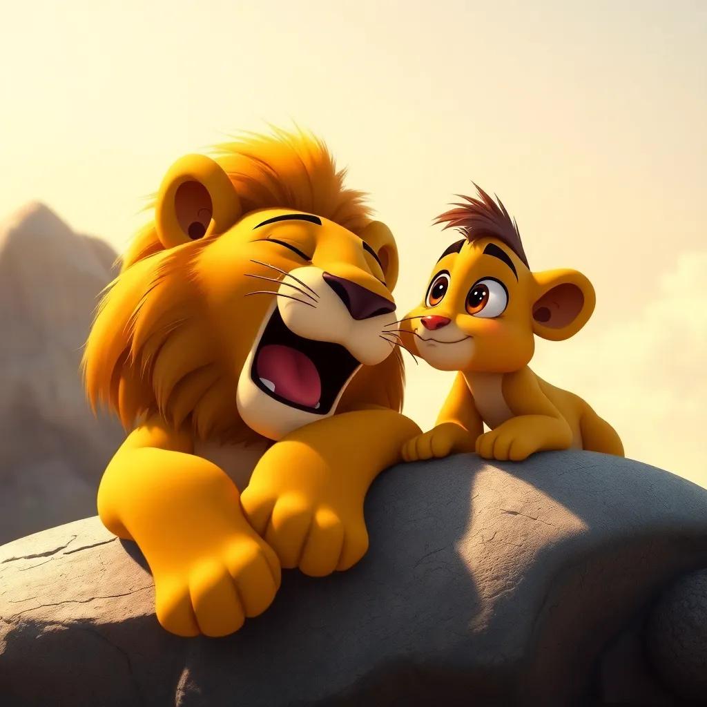 A sleepy lion lying on a rock, yawning as Ali gazes at it with wide eyes, sunny and warm light, golden colors, high quality