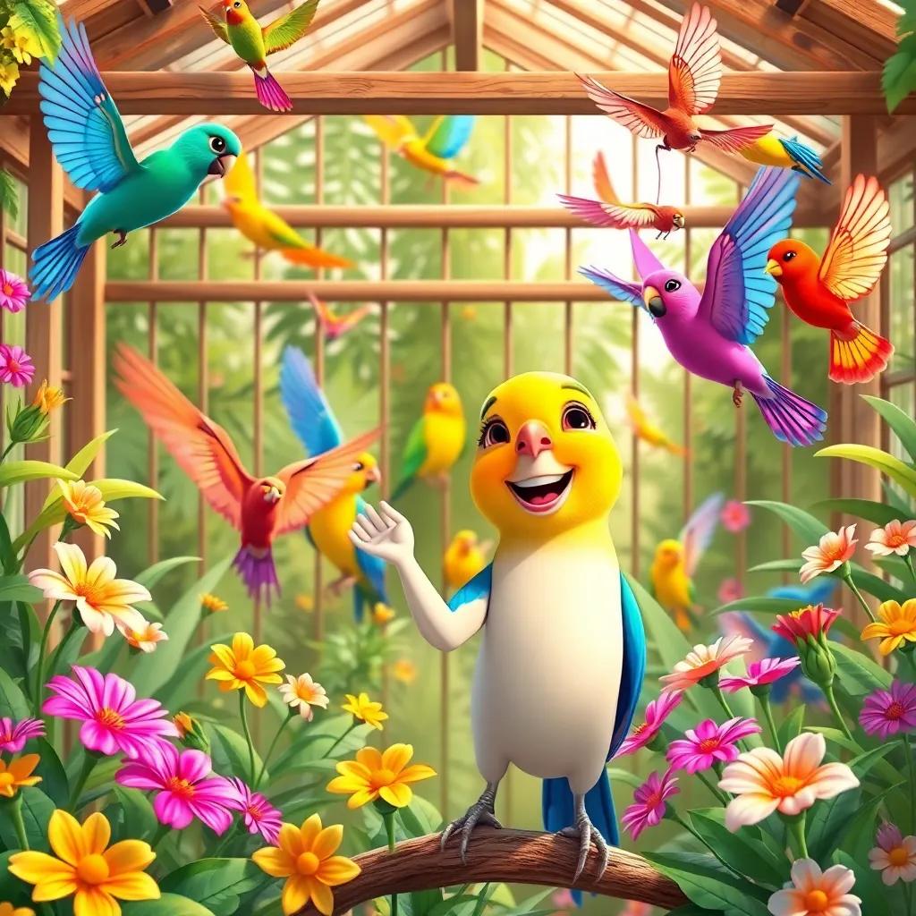Colorful birds flying around in a cozy aviary, with Ali smiling and waving, surrounded by bright flowers and greenery, cheerful colors, high quality