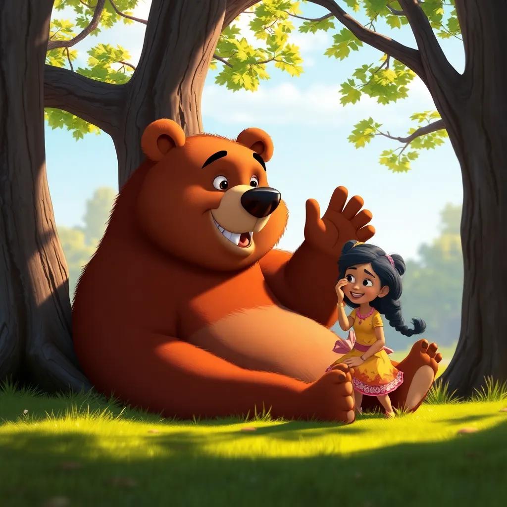 A big brown bear resting by a tree, waving its paw at Ali who is giggling, sunny day, warm colors, friendly scene, high quality
