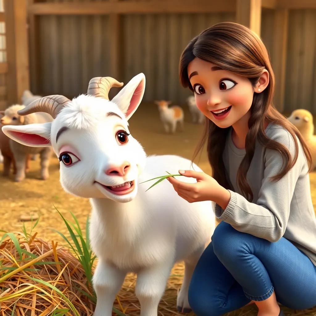 A soft white goat happily munching on grass while Ali feeds it, in a petting zoo with hay and other animals nearby, joyful colors, high quality